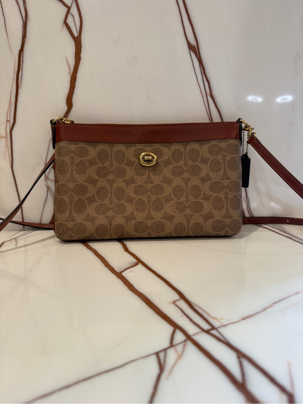 Coach Tan/Brown Signature Crossbody with Turn-Lock